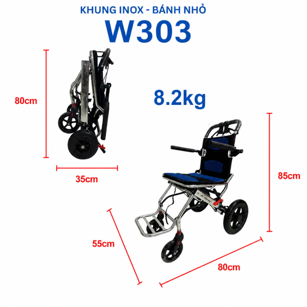 Xe Lăn Tay Xách Tay Khung Inox Bánh Nhỏ NIKITA NKT - W303