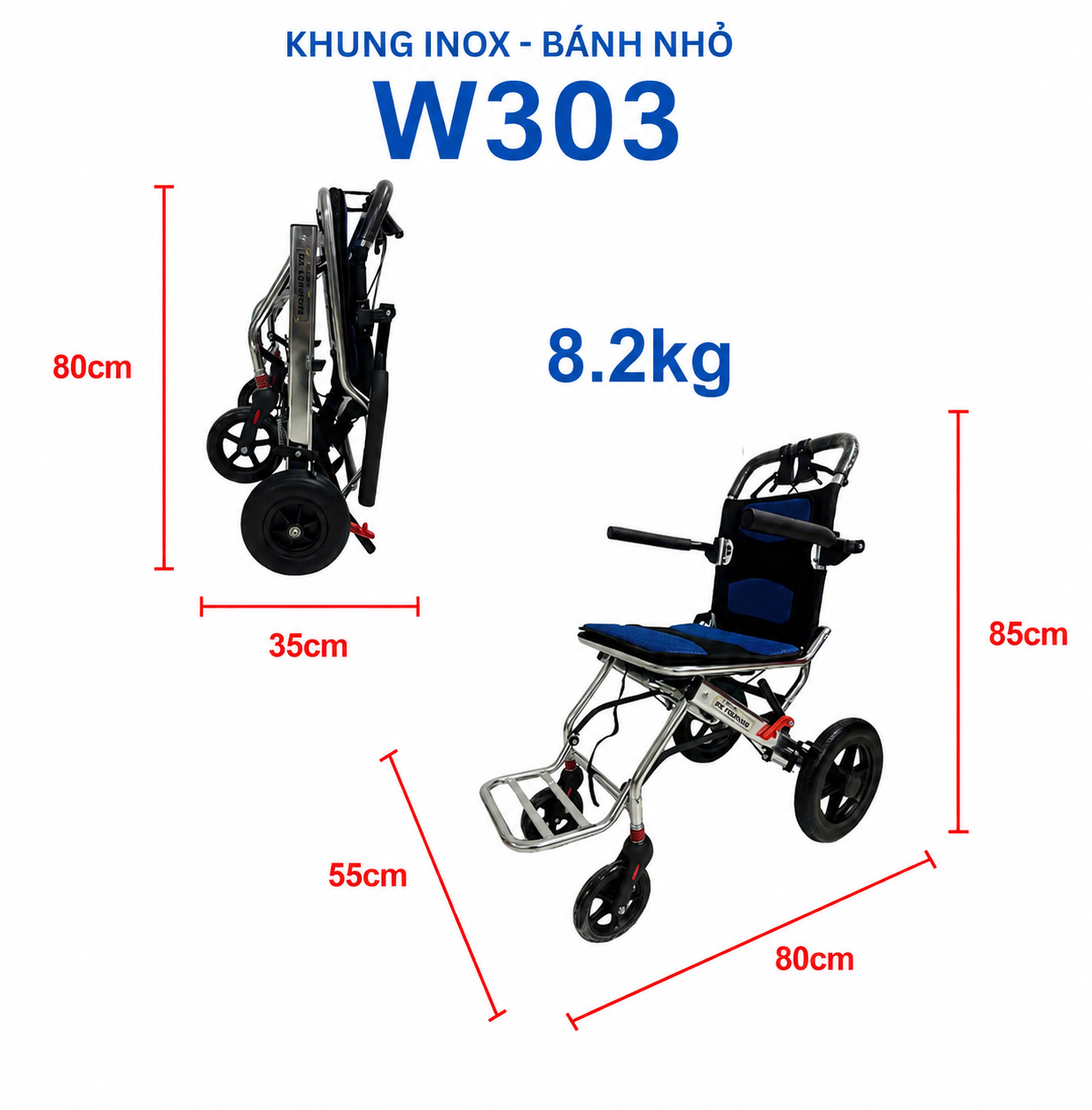 Xe Lăn Tay Xách Tay Khung Inox Bánh Nhỏ NIKITA NKT - W303