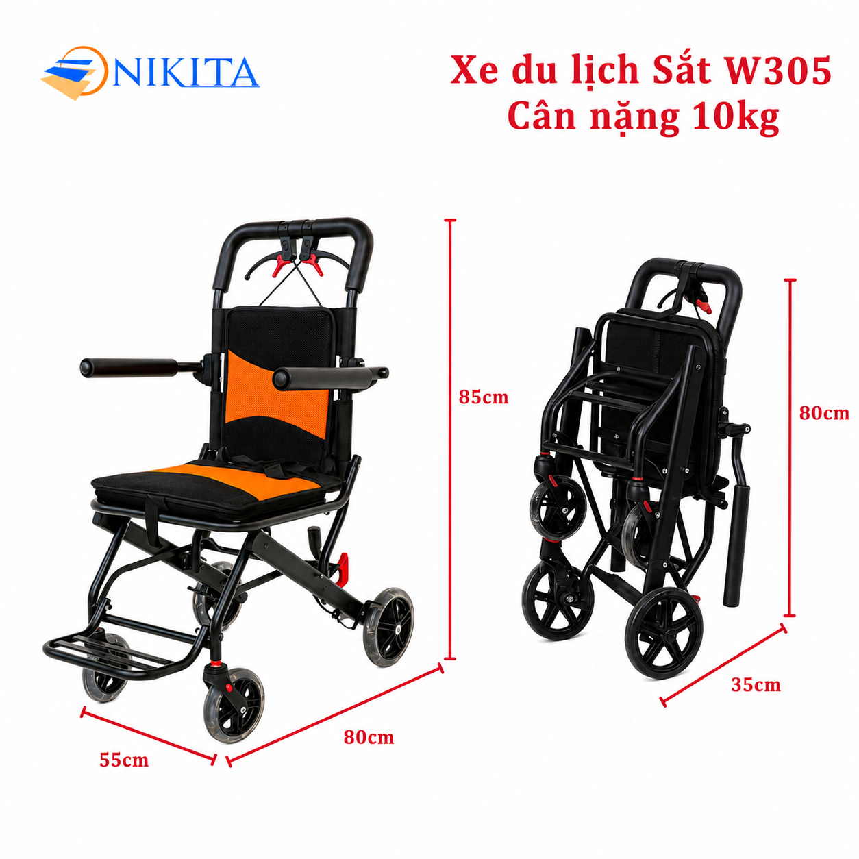 Xe Lăn Khung Sắt Đi Du Lịch Sơn Đen NIKITA NKT - W305 Xe Lăn Khung Sắt Đi Du Lịch Sơn Đen NIKITA NKT - W305
