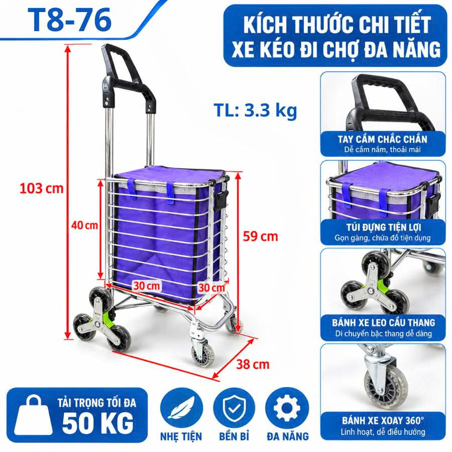 Xe Kéo Đi Chợ Inox Leo Cầu Thang Nikita XDC - T8 - 76