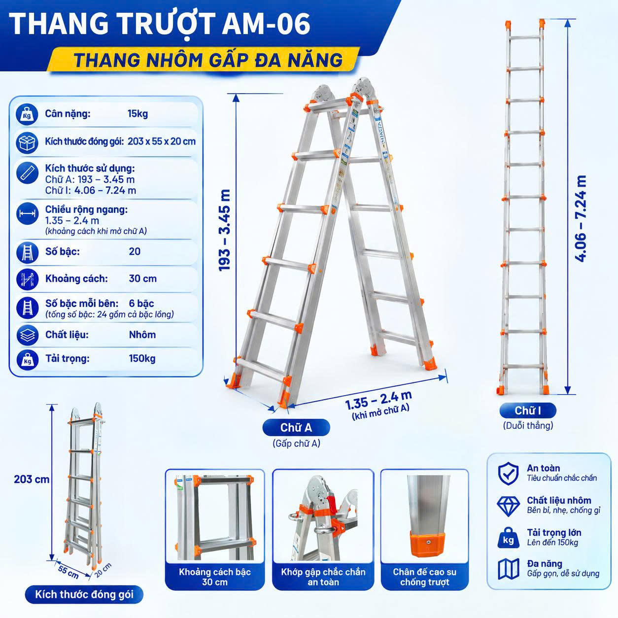 Thông số thang AM06 Thang Nhôm Gấp Đa Năng AM06